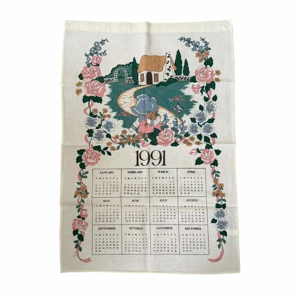 Vtg 1991 Linen Calendar Tea Towel Cottage Core Floral Girl Bonnet Wall Hanging